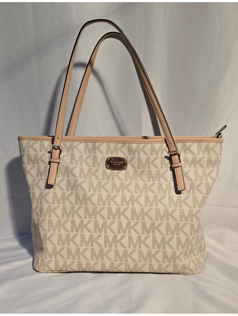 Michael Kors Jet Set Large MK Signature Vanilla Zip Top Tote Shoulder Bag